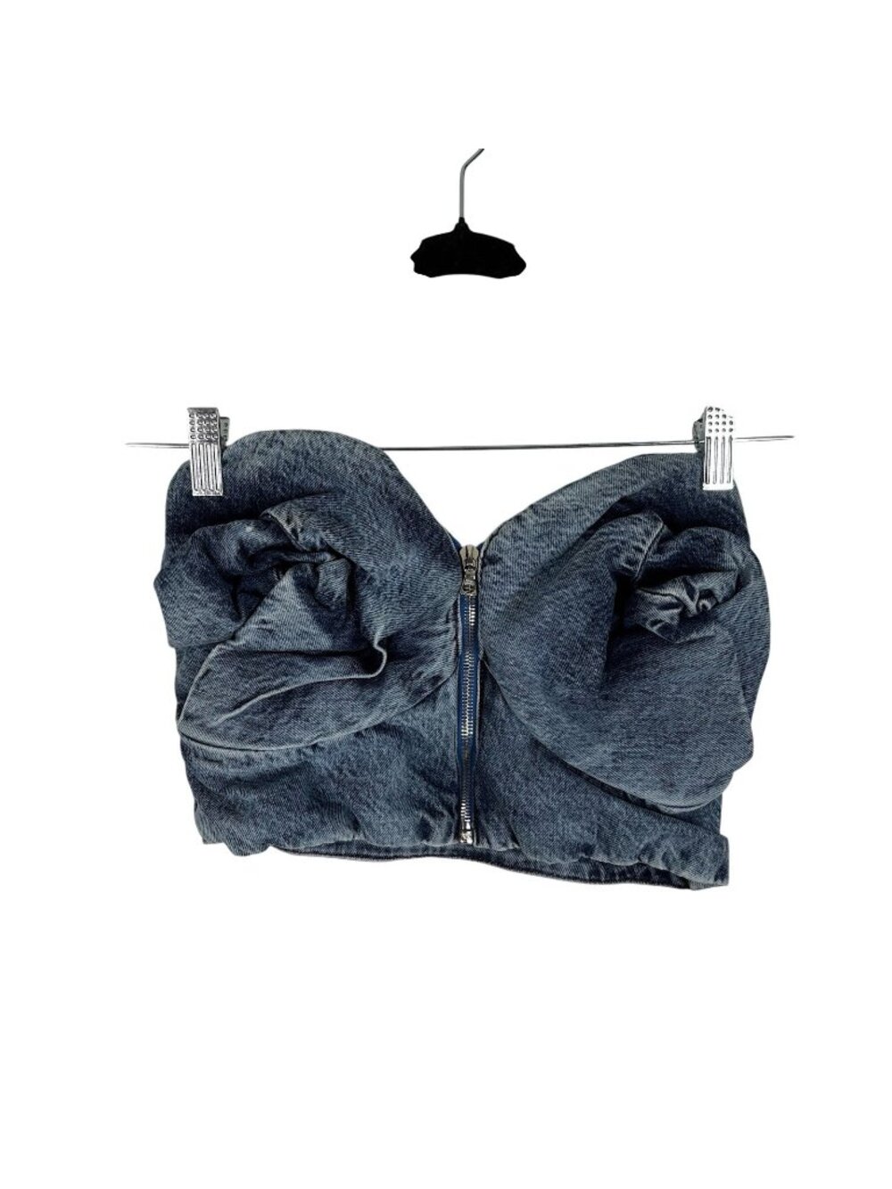 Masha Popova Womn L Blue Denim Y2K Zip Front Strapless Crop Bustier Rose Bra Top